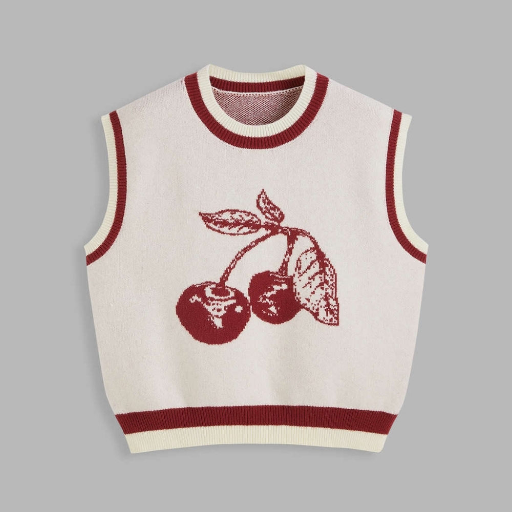 CIDER JERSEY ROUND NECKLINE CHERRY GRAPHIC CONTRASTING BINDING VEST SMALL NWT 